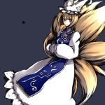  fox_tail hands_in_sleeves multiple_tails onimaru_gonpei simple_background smile solo star tail touhou yakumo_ran 