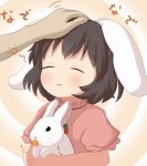  animal_ears black_hair blush bunny bunny_ears bust carrot carrying closed_eyes dress eyes_closed hand_on_head inaba_tewi jewelry maromi_gou necklace petting pink_dress puffy_sleeves rabbit rabbit_ears short_hair short_sleeves smile solo touhou 
