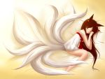  ahri animal_ears bare_legs bare_shoulders barefoot bell black_hair dakaringer dress flat_chest fox_ears fox_tail hair_ornament highres league_of_legends long_hair looking_at_viewer lying multiple_tails on_bed on_side ribbon smile solo sundress tail wink yellow_eyes young 