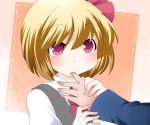  ascot blonde_hair blush finger_in_mouth finger_sucking hair_ribbon hammer_(sunset_beach) hands long_sleeves red_eyes ribbon rumia shirt short_hair solo touhou vest 