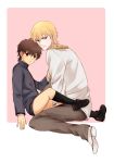  bad_id black_legwear blonde_hair brown_eyes brown_hair child cross cross_necklace fate/stay_night fate/zero fate_(series) gilgamesh jewelry kneehighs kotomine_kirei male multiple_boys necklace red_eyes seojung shorts young 