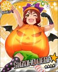 ;d black_gloves bloomers bow brown_eyes brown_hair gloves hat idolmaster idolmaster_cinderella_girls official_art open_mouth pumpkin_costume single_glove smile solo sun_(symbol) thigh-highs thighhighs ueda_suzuho wings wink 