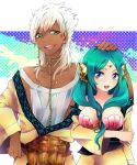  1girl amo_(yellowpink_a) aqua_hair bare_shoulders blue_eyes breasts dark_skin green_eyes long_hair magi_the_labyrinth_of_magic no_hat no_headwear sharrkan shell shell_bikini white_hair yamuraiha 