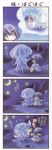  4koma absurdres beach blue_hair bob_cut chibi comic crab dancing detached_sleeves highres imagining jellyfish long_image moon night quilt_(game) short_hair sia_(quilt) squid tall_image tears translation_request 