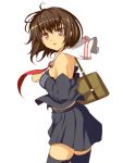  bare_shoulders breasts brown_eyes brown_hair colored copyright_request fukunaga_kazuhiro short_hair simple_background skirt solo thigh-highs thighhighs white_background 