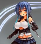  belt blue_eyes blue_hair blush breasts cleavage_cutout eito_(fukai_ryousuke) elbow_gloves gloves knife large_breasts midriff multicolored_hair open_mouth original pantyhose reverse_grip sachito short_hair skirt solo under_boob underboob 
