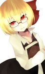  bespectacled blonde_hair book glasses hair_ribbon long_sleeves onoue_ren red_eyes ribbon rumia short_hair smile solo touhou white_background 
