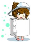  blush_stickers brown_hair chibi drill_hair hat highres open_mouth original personification poop red_star_(toranecomet) slippers smile solo squat_toilet standing toilet toilet_paper toilet_use what yellow_eyes 