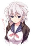  alternate_costume blue_eyes blush breasts bust gakuran kosegawa_shiromi large_breasts odawara_hakone saki school_uniform serafuku short_hair simple_background solo translation_request white_hair 