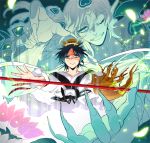  artificial_arm dalc_rose flower green_eyes green_hair long_hair magi_the_labyrinth_of_magic multiple_boys polearm ren_hakuryuu scar spoilers weapon wink zagan 