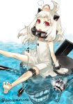  1girl ahoge head_bump horns kaneshiki_suisse kantai_collection long_hair looking_at_viewer mittens northern_ocean_hime open_mouth pale_skin red_eyes shinkaisei-kan silver_hair sitting solo tears torn_clothes 