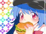  1girl blue_hair blush eating food hamburger hammer_(sunset_beach) hat hinanawi_tenshi long_hair red_eyes solo touhou 