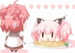  :&lt; akaza_akari animal_ears cat_ears cat_tail chibi double_bun eating food fork kagerou_(kers) kemonomimi_mode multiple_girls noodles pink_hair plate school_uniform sweatdrop tail twintails yoshikawa_chinatsu yuru_yuri |_| 