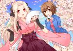  brown_eyes brown_hair buruma cherry_blossoms fan fate/zero fate_(series) folding_fan food fujimura_taiga irisviel_von_einzbern japanese_clothes long_hair multiple_girls nailad onigiri petals ponytail red_eyes teenage track_jacket white_hair young 