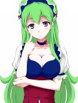  1boy cheek_poke cheek_press choker cleavage dress green_hair headdress ixion_saga long_hair mariandale poking purple_eyes terumin_(yuganda_sebone) trap very_long_hair violet_eyes 