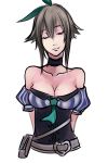  absurdres bare_shoulders belt belt_buckle breasts brown_hair bust choker cleavage closed_eyes collarbone early_type eyes_closed hair_ribbon head_tilt heart highres large_breasts mole mole_on_breast pouch ribbon short_hair smile sol_trigger solo wilma_(sol_trigger wilma_(sol_trigger) 