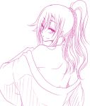  blush kasa_(halo) lineart long_hair looking_at_viewer looking_back monochrome original smile solo 