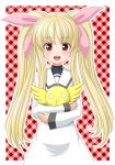  blonde_hair blush crossover fate_testarossa hair_ribbon long_hair long_sleeves lyrical_nanoha mahou_shoujo_lyrical_nanoha mahou_shoujo_lyrical_nanoha_a&#039;s mahou_shoujo_lyrical_nanoha_a's ninin_ga_shinobuden o3o onsokumaru open_mouth red_eyes ribbon school_uniform t2r teeth twintails very_long_hair wings 