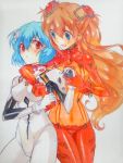  arm_around_neck ayanami_rei blue_eyes blue_hair bodysuit hair_ornament hug kanna_irori marker_(medium) multiple_girls neon_genesis_evangelion orange_hair plugsuit rebuild_of_evangelion red_eyes shikinami_asuka_langley smile soryu_asuka_langley souryuu_asuka_langley test_plugsuit traditional_media 