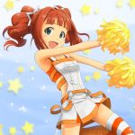  :d belt cool_&amp;_sexy_(idolmaster) green_eyes idolmaster open_mouth orange_hair pom_poms rokusyo skirt smile solo striped striped_legwear takatsuki_yayoi thigh-highs thighhighs twintails 