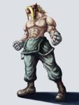  abs alex blonde_hair blue_eyes boots clenched_hands fingerless_gloves gloves highres long_hair muscle overalls scar shirtless solo street_fighter street_fighter_iii towel5656 