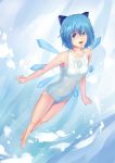  &#9320; ? barefoot blue_eyes blue_hair bow cirno hair_bow highres ice ice_wings naoki_yukira one-piece_swimsuit school_swimsuit short_hair solo swimsuit touhou white_swimsuit wings ã¢â€˜â¨ â‘¨ 
