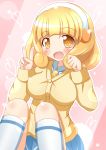  blonde_hair blush breasts cardigan hairband highres kise_yayoi open_mouth precure school_uniform short_hair sitting skirt smile smile_precure! socks solo v yellow_eyes zenon_(for_achieve) 