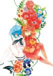  ayanami_rei back-to-back blue_eyes blue_hair bodysuit butterfly crossed_arms flower hair_ornament kanna_irori multiple_girls neon_genesis_evangelion orange_hair plugsuit rebuild_of_evangelion red_eyes shikinami_asuka_langley soryu_asuka_langley souryuu_asuka_langley test_plugsuit 