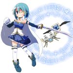  belt blue_eyes blue_hair blush cape daniyyel+jennifer gloves h.n.elly_(kirsten) hair_ornament hairclip highres magical_girl mahou_shoujo_madoka_magica mahou_shoujo_madoka_magica_movie miki_sayaka short_hair skirt sword thigh-highs thighhighs weapon white_gloves white_legwear wink witch_(madoka_magica) yuuhi_aruha 