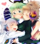  :d ^_^ bare_shoulders brown_eyes closed_eyes eyes_closed green_eyes green_hair hat headphones heart hug long_hair mononobe_no_futo multiple_girls onyuuuu open_mouth ponytail short_hair silver_hair smile soga_no_tojiko tate_eboshi touhou toyosatomimi_no_miko 