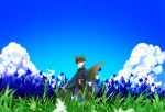  animal_ears brown_eyes brown_hair child clouds fate/zero fate_(series) field grass japanese_clothes kemonomimi_mode kotomine_kirei male miyakami scenery sky solo tail wolf_ears wolf_tail young 