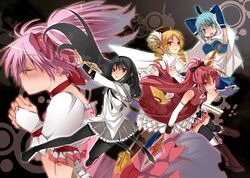  akemi_homura beret black_eyes black_hair black_legwear blonde_hair blue_eyes blue_hair boots bow cape choker closed_eyes drill_hair eyes_closed hair_bow hairband hat highres irie_jun kaname_madoka long_hair magical_girl mahou_shoujo_madoka_magica miki_sayaka multiple_girls pantyhose pink_hair polearm ponytail red_eyes red_hair redhead sakura_kyouko shield short_hair skirt sword thigh-highs thighhighs tomoe_mami twin_drills weapon yellow_eyes 