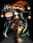  choker detached_sleeves dress gloves green_hair halloween hat hatsune_miku jack-o&#039;-lantern jack-o'-lantern long_hair open_mouth pantyhose red_eyes rorikon_(youkon) solo striped striped_legwear twintails very_long_hair vocaloid 