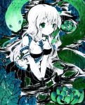  absurdres breast_squeeze breasts frog_hair_ornament green_eyes hair_ornament highres kneeling kochiya_sanae lily_pad long_hair millipen_(medium) monochrome partially_submerged rain snake snake_hair_ornament solo taut_shirt torajirou touhou traditional_media v_arms 