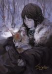  a_song_of_ice_and_fire absurdres bran_stark dog highres puppy realistic red_hair redhead riko233 signature snow summer_(a_song_of_ice_and_fire) wolf 