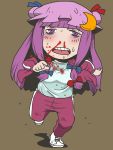  1girl alternate_costume blood bloody_clothes crescent hair_ribbon hat long_hair long_sleeves nosebleed onikobe_rin open_clothes open_jacket open_mouth pants patchouli_knowledge purple_eyes purple_hair ribbon running shirt solo sweat tennis_shoes touhou track_jacket track_pants track_suit violet_eyes 