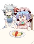  apron ascot bat_wings blue_dress blue_hair braid brooch chair closed_eyes dress eyes_closed fang food fork izayoi_sakuya jewelry knife maid maid_headdress multiple_girls omurice open_mouth pink_dress plate puffy_sleeves red_eyes remilia_scarlet shirt short_hair silver_hair sitting smile table touhou tsukigi twin_braids waist_apron wings 