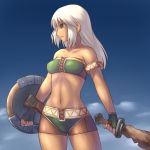  aaaa armband blue_background brown_eyes fingerless_gloves gloves highres light_smile long_hair looking_at_viewer midriff monster_hunter navel profile shield short_shorts shorts sky smile solo sword tan tubetop weapon white_hair 