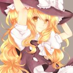  arms_up blonde_hair bow braid grey_background hair_ribbon hat hat_bow kirisame_marisa light_smile long_hair looking_at_viewer lowres puffy_short_sleeves puffy_sleeves ribbon short_sleeves side_braid single_braid solo touhou wavy_hair xyu05 yellow_eyes 