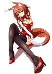  animal_ears black_legwear breasts brown_eyes brown_hair china_dress chinese_clothes cleavage copyright_request fatkewell fox_ears fox_tail high_heels lace lace-trimmed_thighhighs legs original shoes sketch tail thigh-highs thighhighs 