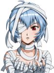  ayanami_rei bandage bandage_over_one_eye bandages blue_hair blush breasts cleavage costume looking_down mummy neon_genesis_evangelion red_eyes short_hair simple_background white_background 