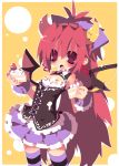  bare_shoulders blush bow cake cleavage_cutout dango_mushi demon_wings earrings food food_on_body food_on_face frills hair_bow heart heart_earrings horns jewelry long_hair looking_at_viewer mahou_shoujo_madoka_magica open_mouth ponytail red_eyes red_hair redhead sakura_kyouko skirt solo striped striped_legwear thigh-highs thighhighs very_long_hair wings 