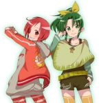  belt character_name green_eyes green_hair hair_ornament hairclip hino_akane jacket looking_back midorikawa_nao multiple_girls overalls pantyhose poncho ponytail precure red_eyes red_hair redhead shigeohji shirt short_hair shorts smile smile_precure! stretch striped striped_legwear thigh-highs thighhighs white_background 