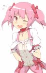  ;o blush bow dress flying_sweatdrops gloves kaname_madoka looking_at_viewer magical_girl mahou_shoujo_madoka_magica pink_hair red_eyes sea_(lordofk) simple_background solo twintails white_background wink 