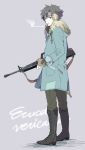  black_eyes black_hair boots cigarette coat earmuffs emiya_kiritsugu fate/zero fate_(series) gun matsuko smoking solo weapon 