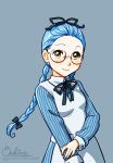  apron blue_eyes blush bow braid gina_(harvest_moon) glasses hair_bow harvest_moon highres long_hair low-tied_long_hair magical_ondine ribbon round_glasses solo twin_braids yellow_eyes 