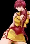  alternate_color alternate_costume artist_request bare_shoulders black_background breasts cleavage cleavage_cutout contrapposto cropped_jacket earrings hair_over_eyes jewelry king_of_fighters king_of_fighters_2000 large_breasts leotard long_hair lowres miniskirt ponytail red_hair redhead shermie skirt solo split_ponytail 