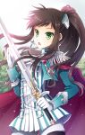  brown_hair cape cross earrings epaulettes gloves green_eyes holding jacket jewelry long_hair lowres mauve open_mouth pantyhose ponytail rosary solo striped sword sword_girls weapon white_legwear 