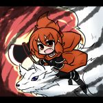  axe blue_eyes cape eyebrows fang hair_up letterboxed long_hair oono_mayu open_mouth pixiv_azriel red_eyes red_hair redhead riding weapon wolf yanagi_(nurikoboshi) 