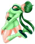  alternate_color arched_back ass boots breasts cleavage cleavage_cutout cropped_jacket earrings green green_hair green_skirt hair_over_eyes jewelry jumping king_of_fighters knee_boots large_breasts leotard long_hair miniskirt mokkouyou_bond player_2 ponytail shermie skirt solo split_ponytail thighs 